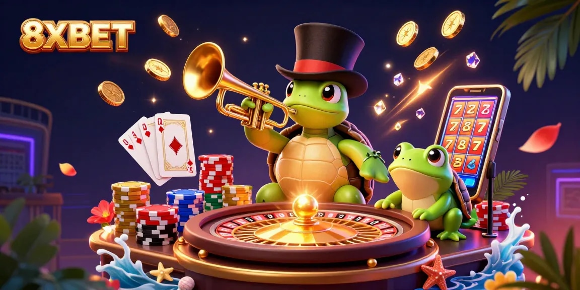 Win big with 8XBET in this vibrant 3D casino scene featuring a turtle and frog surrounded by gold coins.