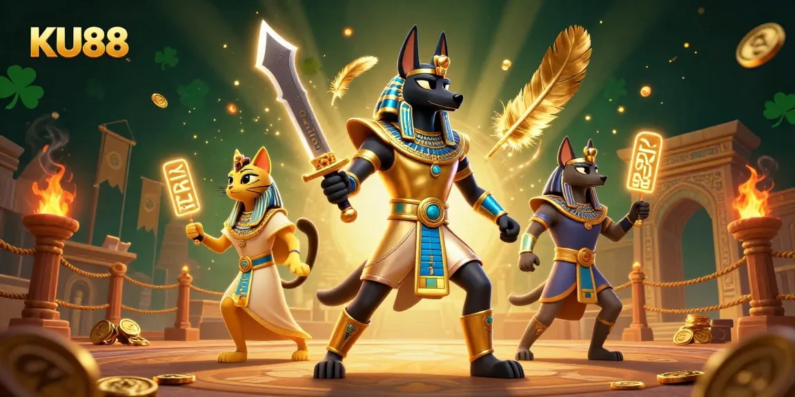 Experience thrilling action at KU88 Casino with dynamic characters, glowing hieroglyphs, and gaming symbols.