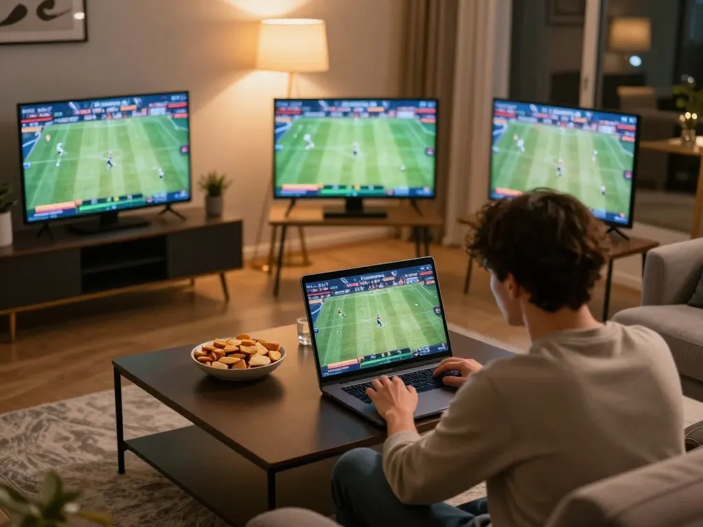 Cakhia user engaged in online sports betting in a cozy home setting, showcasing responsible gambling.