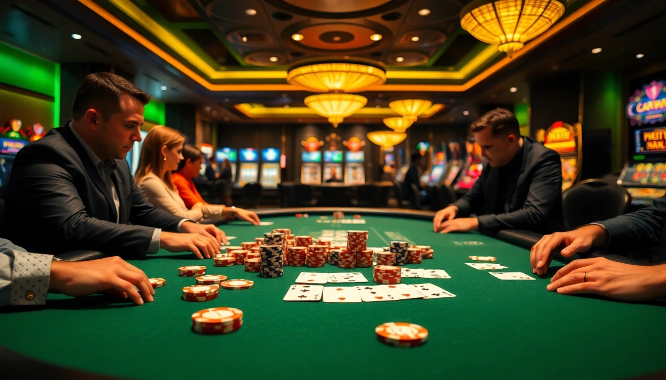 Experience the excitement of KKWIN 03 with a vibrant poker game featuring intense players and colorful chips.