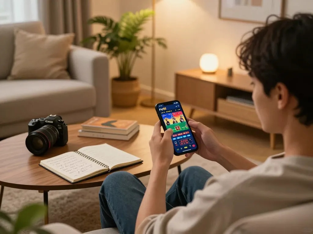 Engaging in online gambling on the fly88 app with a smartphone in a cozy setting.