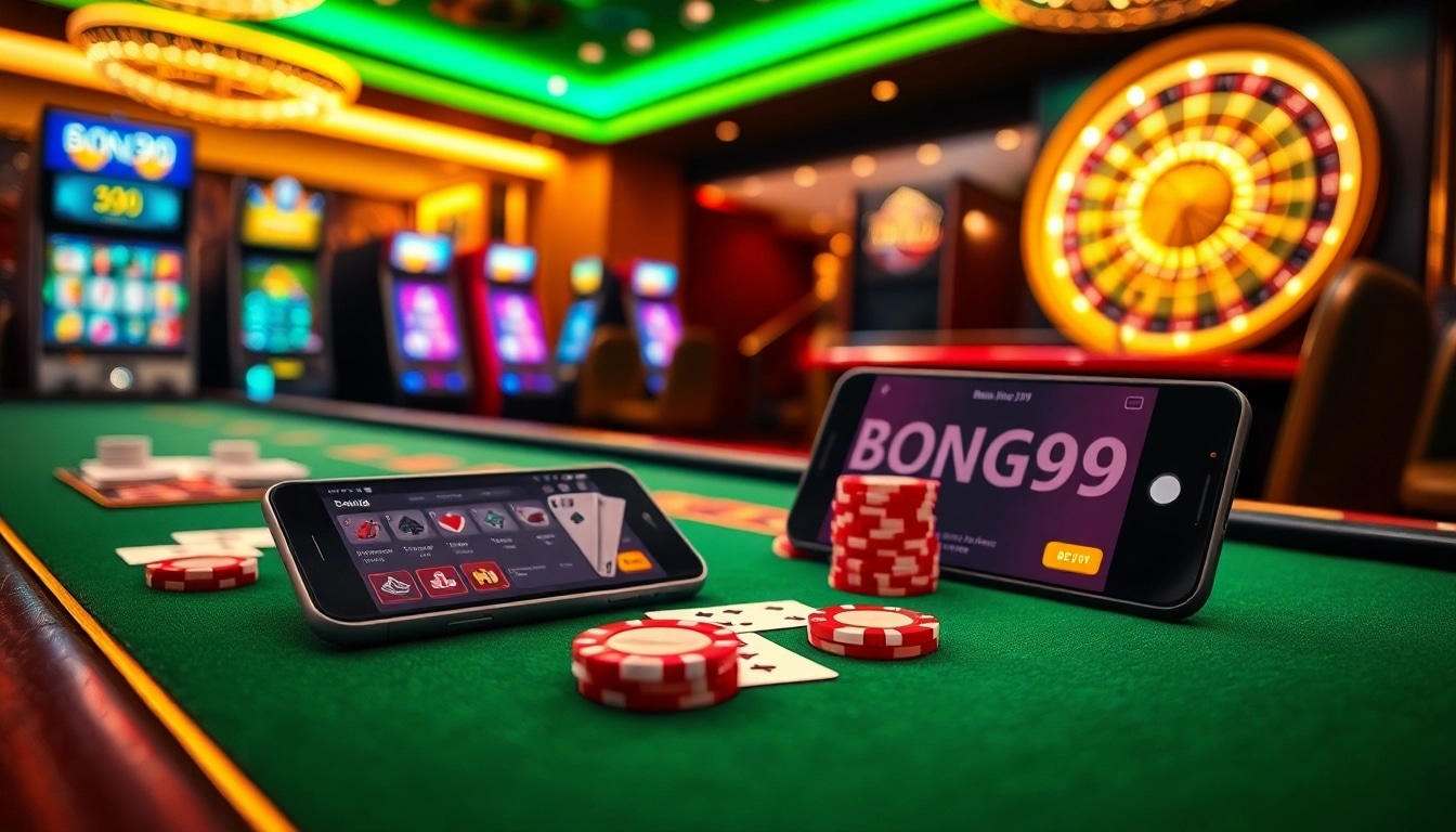 Bong99 showcasing a luxurious online gambling experience with casino tables and vibrant gaming elements.