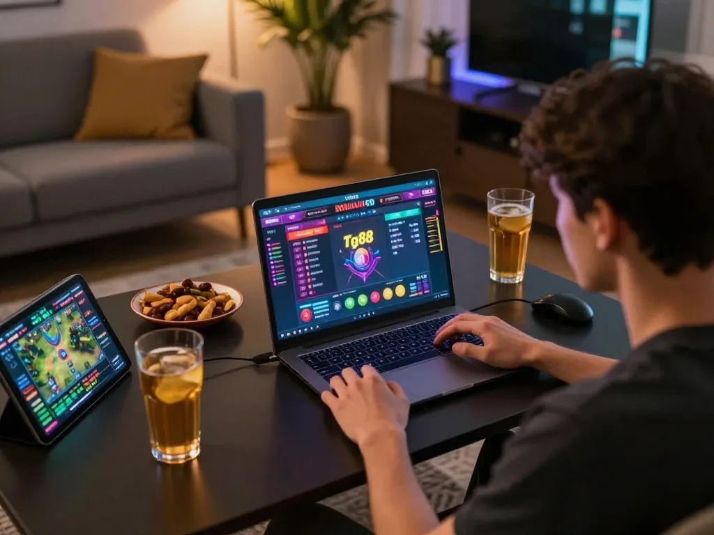 Player enjoying online casino games at tg88, with vibrant graphics on screen and cozy home ambiance.