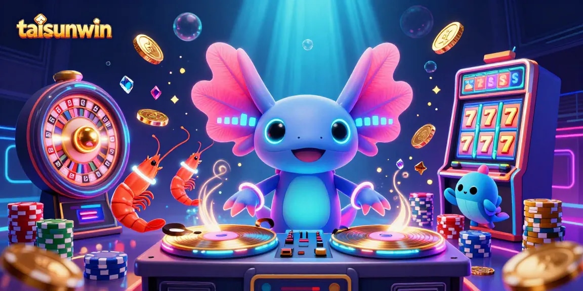 Taisunwin features a vibrant underwater casino scene with a DJ axolotl and playful sea creatures.