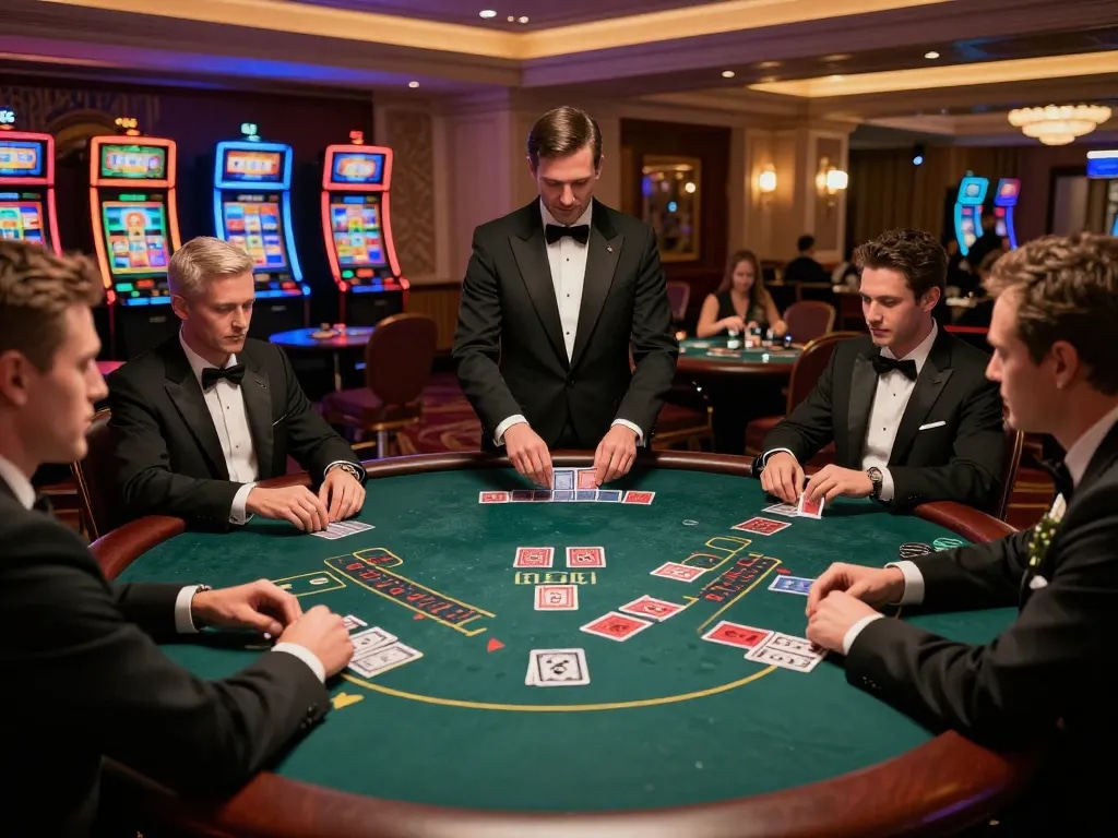 Players strategizing bets at a go8 blackjack table in a luxurious casino setting.