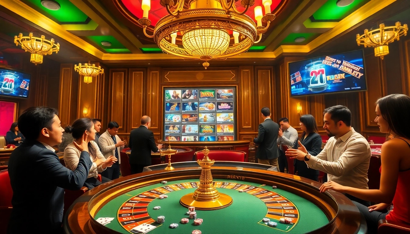 Excited players enjoying a luxurious casino setting at rikvip, with roulette table and poker chips.