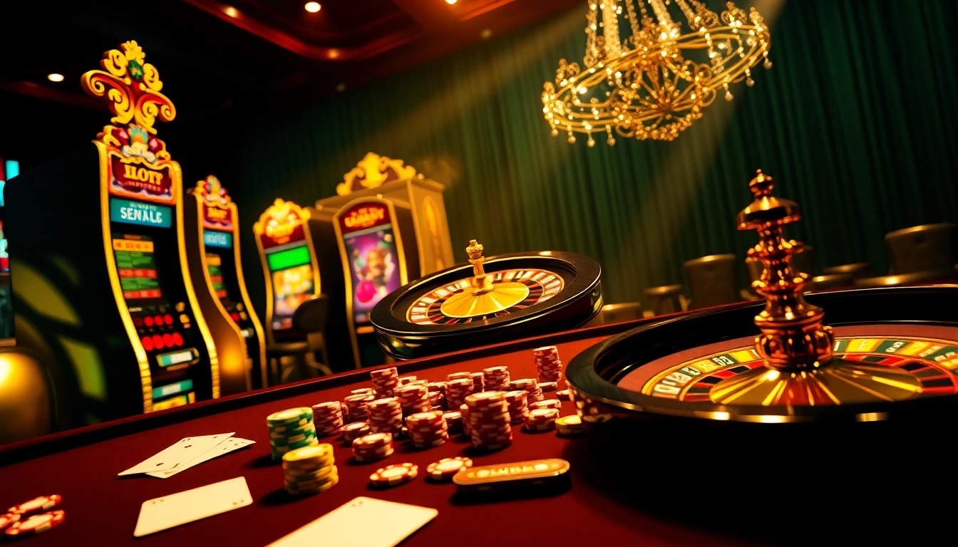 Experience the thrilling action of online gambling at https://ok8386.sh/ with luxurious casino elements like slot machines and poker chips.