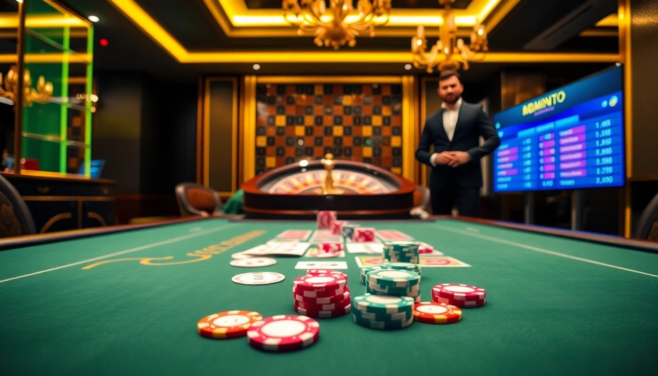 Players engaging in a thrilling game at LC88 casino, featuring poker chips and a roulette wheel.