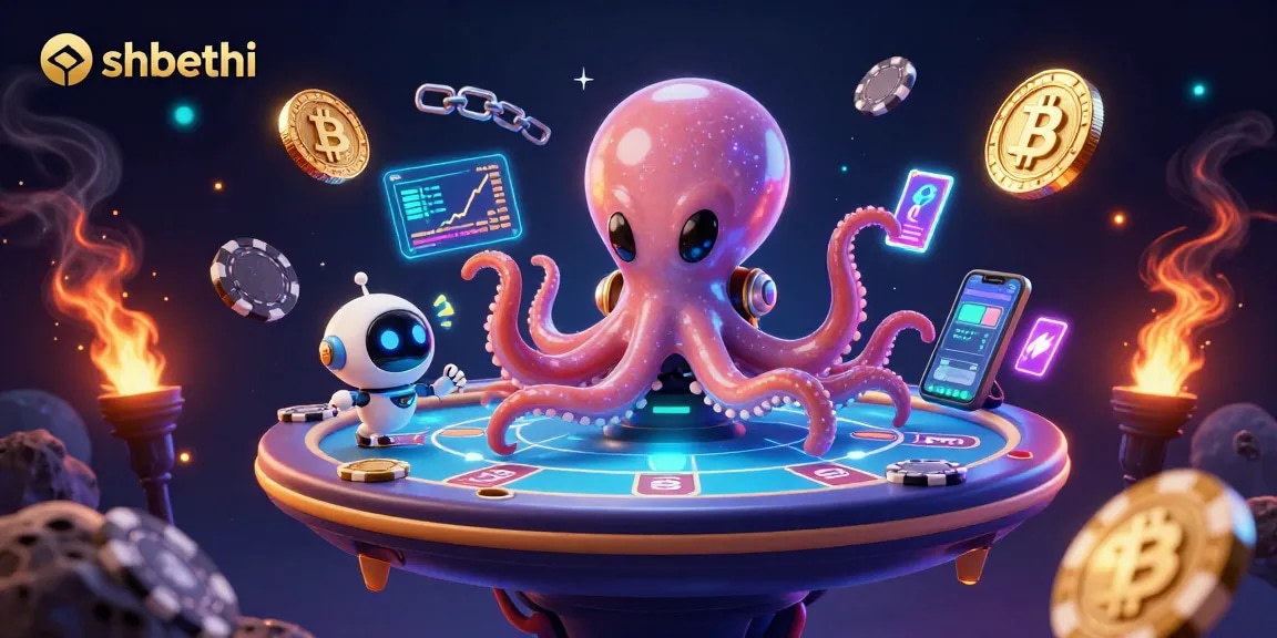 Engage in thrilling gameplay at SHBET with a vibrant illustration of an alien octopus and robot at a holographic poker table.
