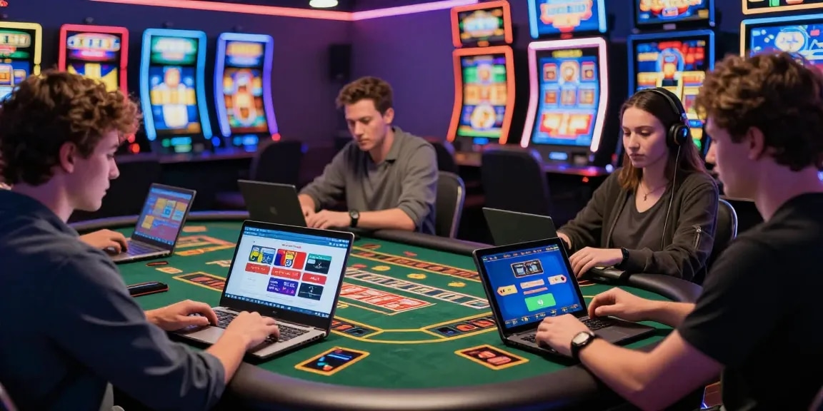 Engaged players at credit card casinos UK enjoying games and payment options in a vibrant online casino atmosphere.