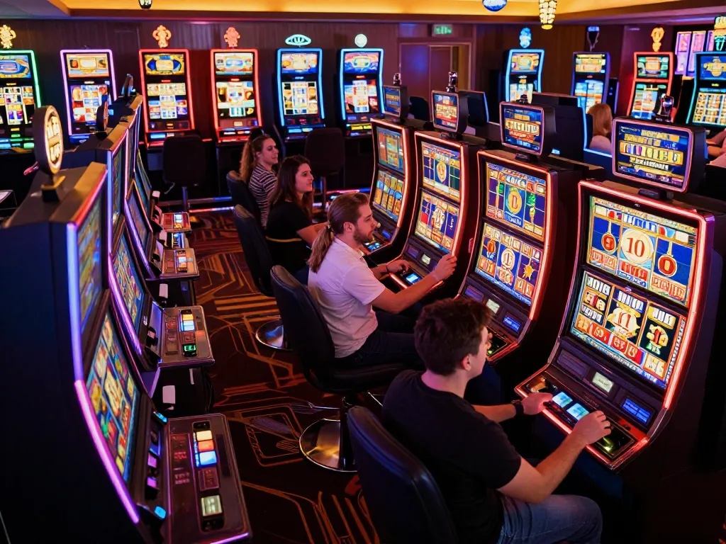 Players engaging with UGDEWA's colorful slot machines, capturing the thrill of winning spins