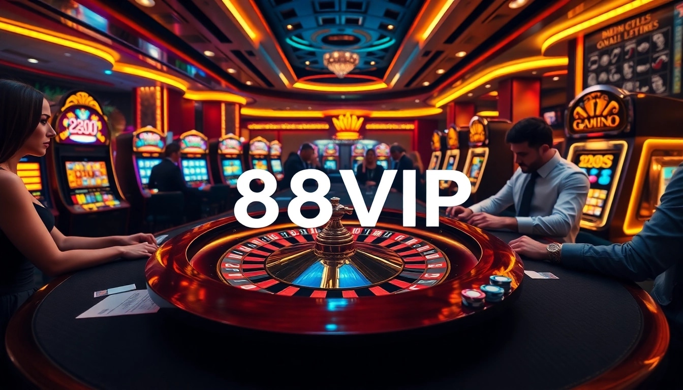 Experience the thrilling ambiance of 68VIP with vibrant gambling tables and slot machines.