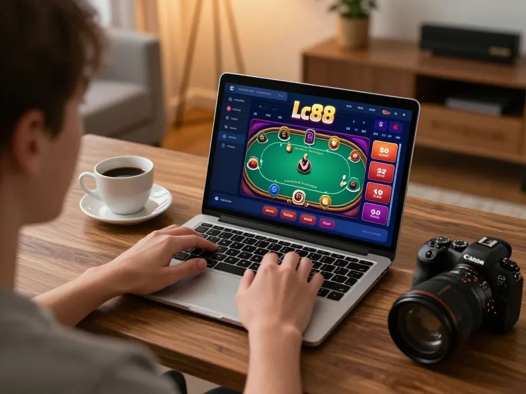 Engaging with the Lc88 game on a laptop in a cozy home office, showcasing online gaming.