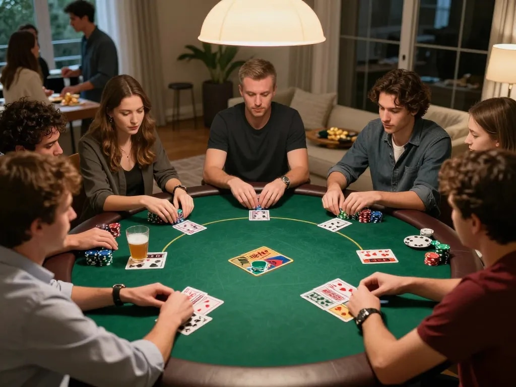 Kuwin players enjoying an engaging poker game at a cozy home gathering with vibrant cards and chips.
