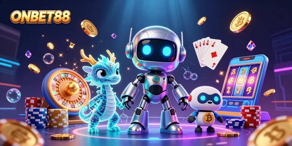 Engage in thrilling gameplay with ONBET88, featuring a futuristic casino scene with vibrant robots and dazzling game elements.