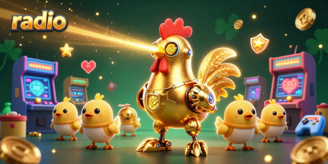 Experience exciting casino gaming in this vibrant radio-themed illustration featuring a golden rooster robot and arcade machines.