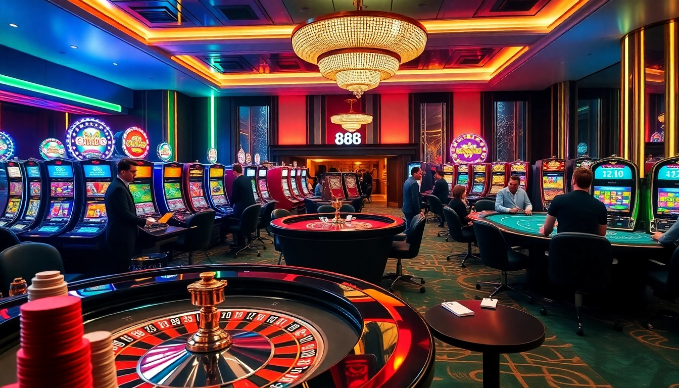 The excitement of winning at u 888, showcasing stylish casino tables, vibrant slot machines, and engaged players.