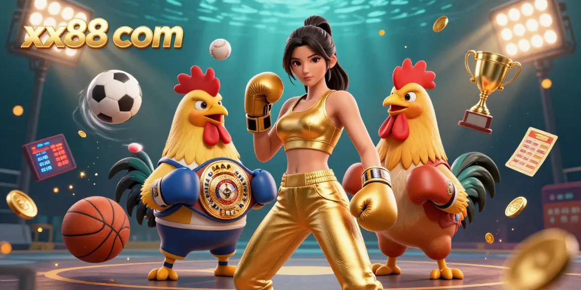 Experience gaming action at xx88 com with a dynamic illustration of boxing, trophy-winning moments, and vibrant casino elements.