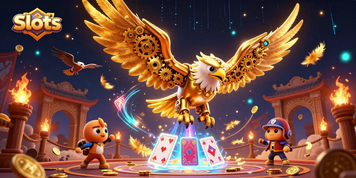 Spin Slots and win prizes with a cybernetic eagle swooping through holographic playing cards.