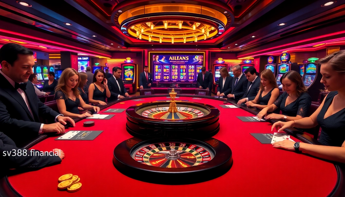 Experience thrilling gameplay at sv388.financial's luxurious casino, featuring poker chips and roulette action.