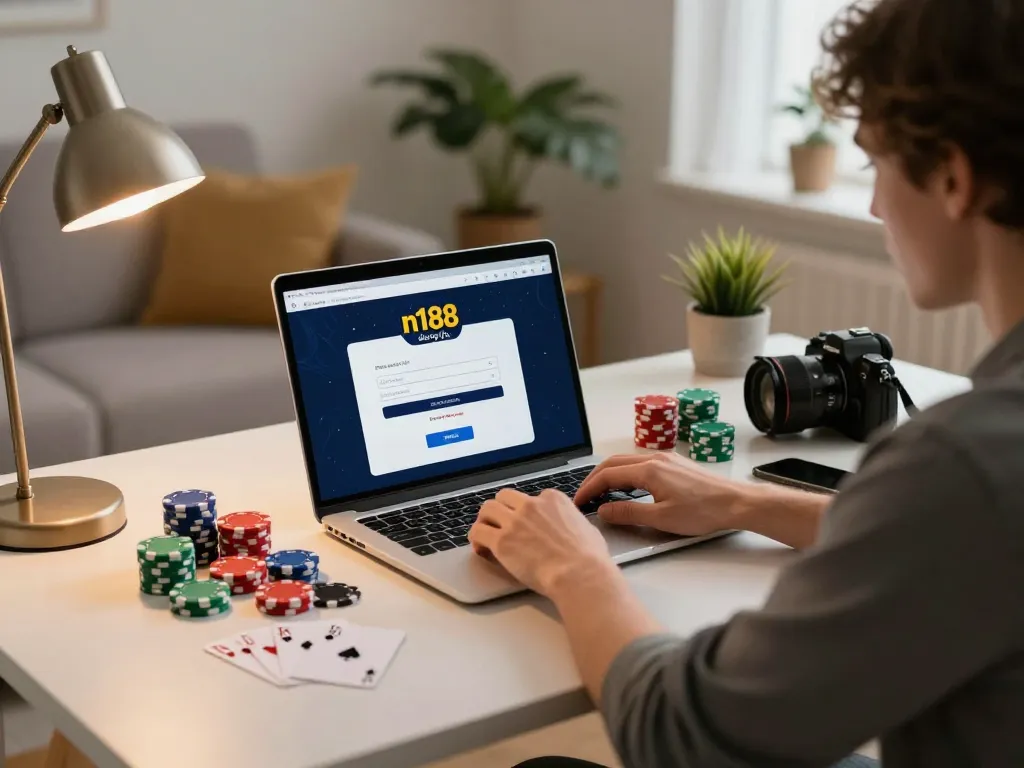 Engaging in n188 đăng nhập on a laptop in a stylish home office for online casino gaming