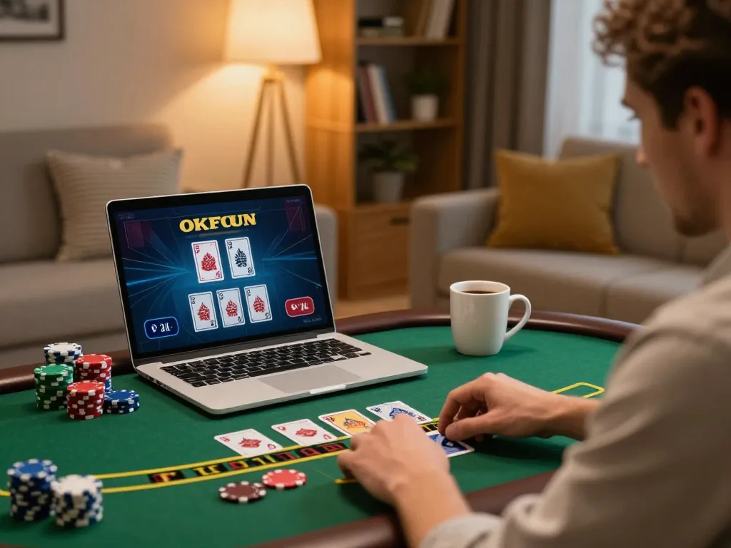 Engaging live dealer blackjack game on okfun's platform with cozy home ambiance.