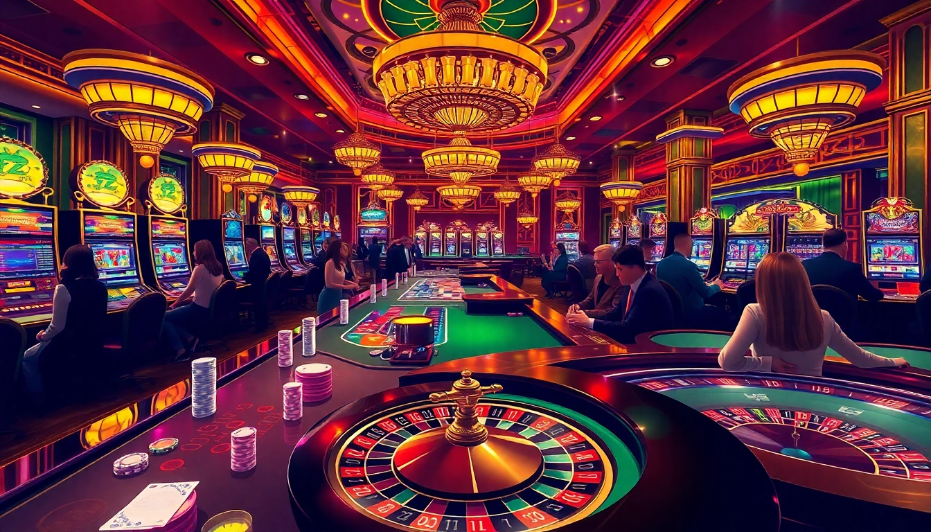 Dynamic scene of high-stakes gaming at https://www.kjc.global/, featuring poker tables and roulette wheels.