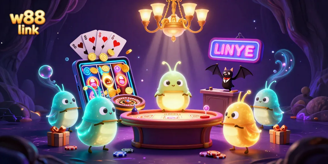 Experience the vibrant gaming atmosphere at W88 link with glowing characters lighting the casino