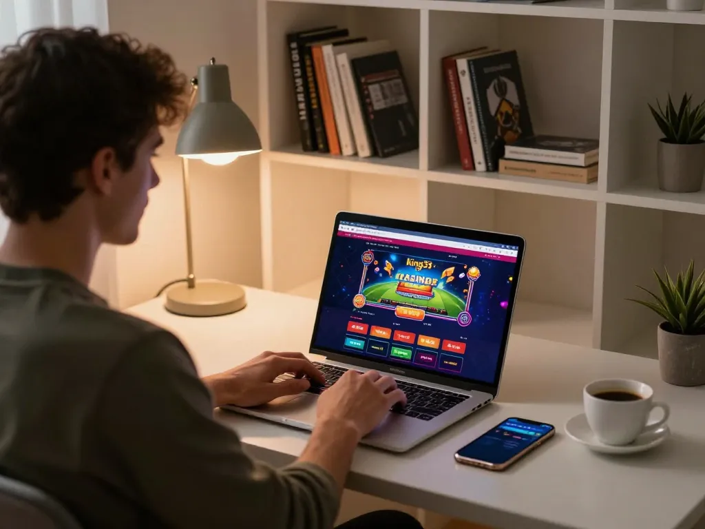 Engaged user playing king33 online casino game from stylish home office.