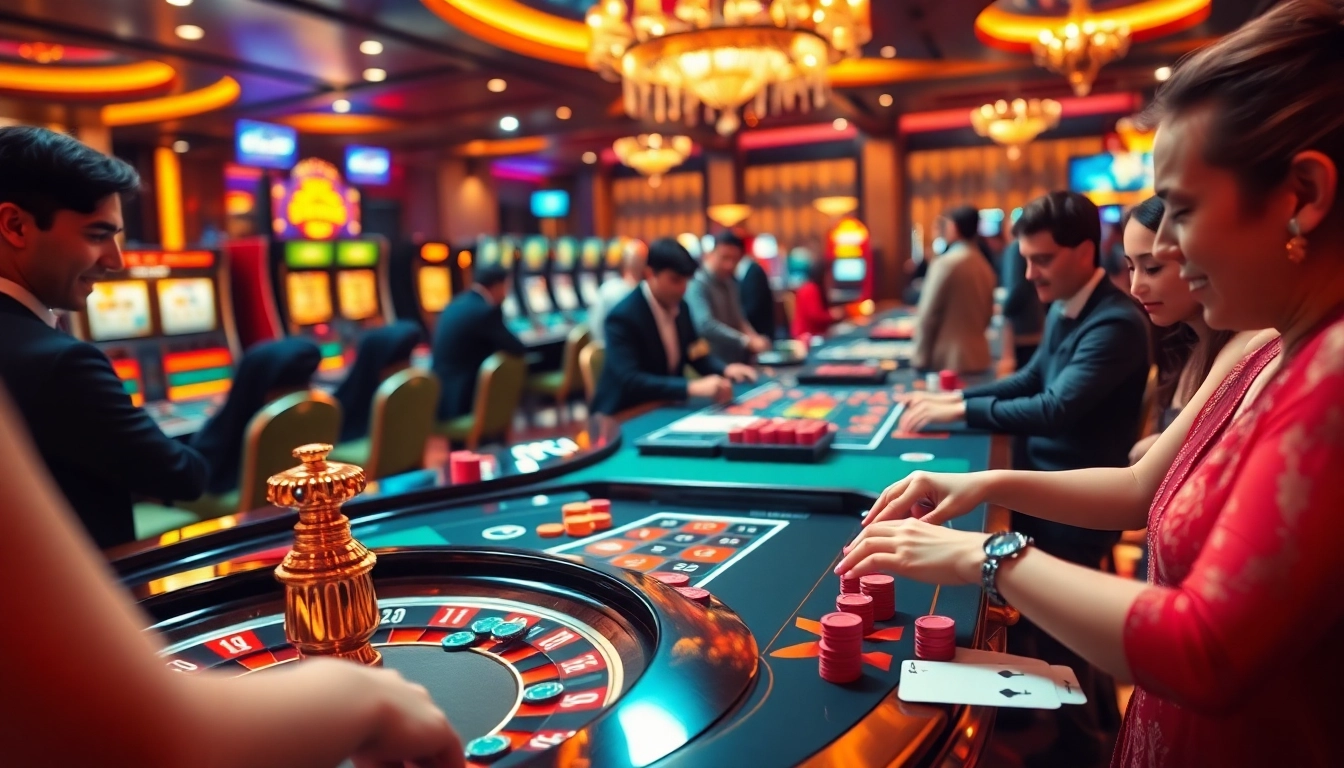Excited players enjoying a game at BL555's lavish casino, with roulette and poker tables.