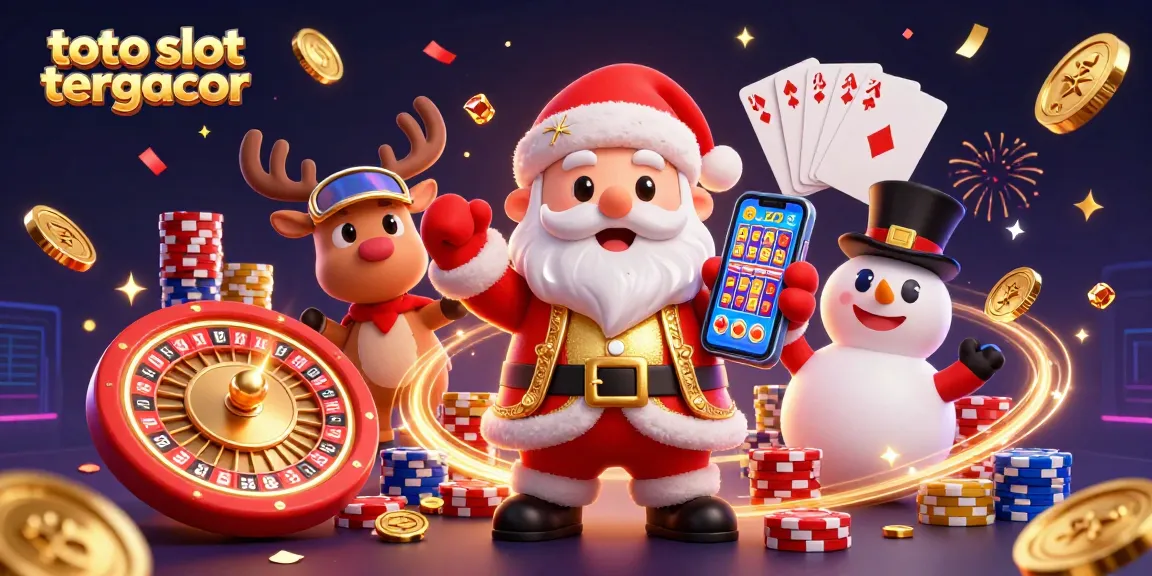 Engage with toto slot tergacor in this lively 3D casino scene featuring Santa, reindeer, and a snowman.
