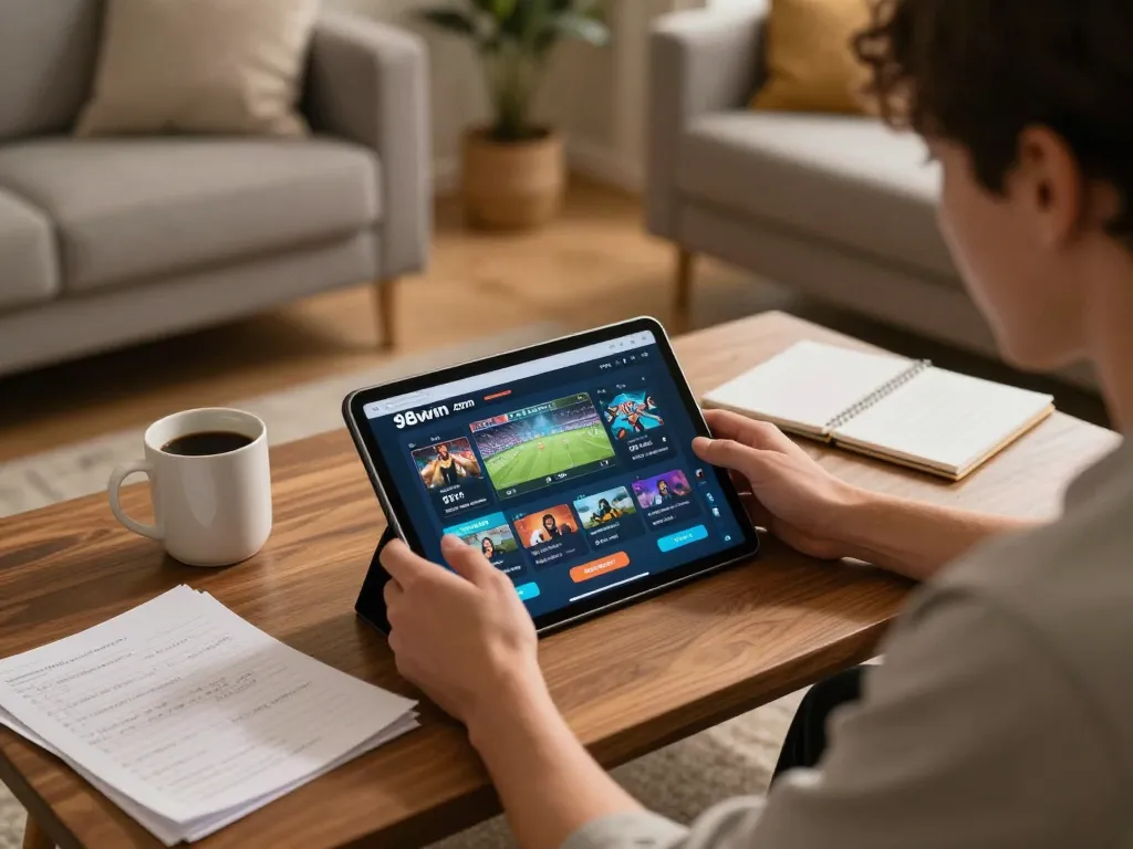 Engaging in online gaming at 98win com with a cozy setup and strategic betting notes visible.