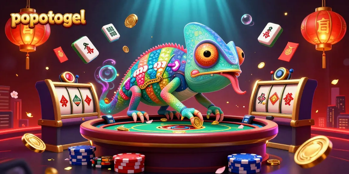 Experience the excitement of popotogel with vivid scenes of rich gambling elements, including spinning slot reels and festive decorations.