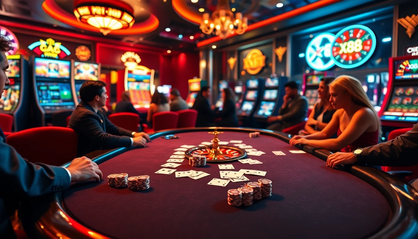 Experience the thrill of the casino with X88 as players engage in poker and roulette.