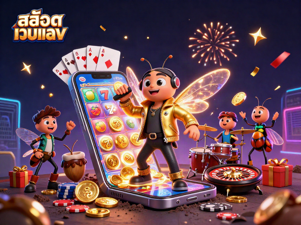 Spin and win with สล็อตเว็บตรง in this vibrant 3D illustration featuring a rock star cicada.
