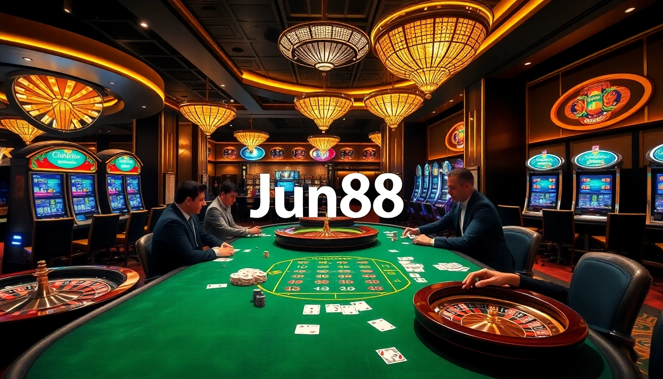 Players enjoying a thrilling game at Jun88 casino with vibrant poker chips and live roulette wheel.