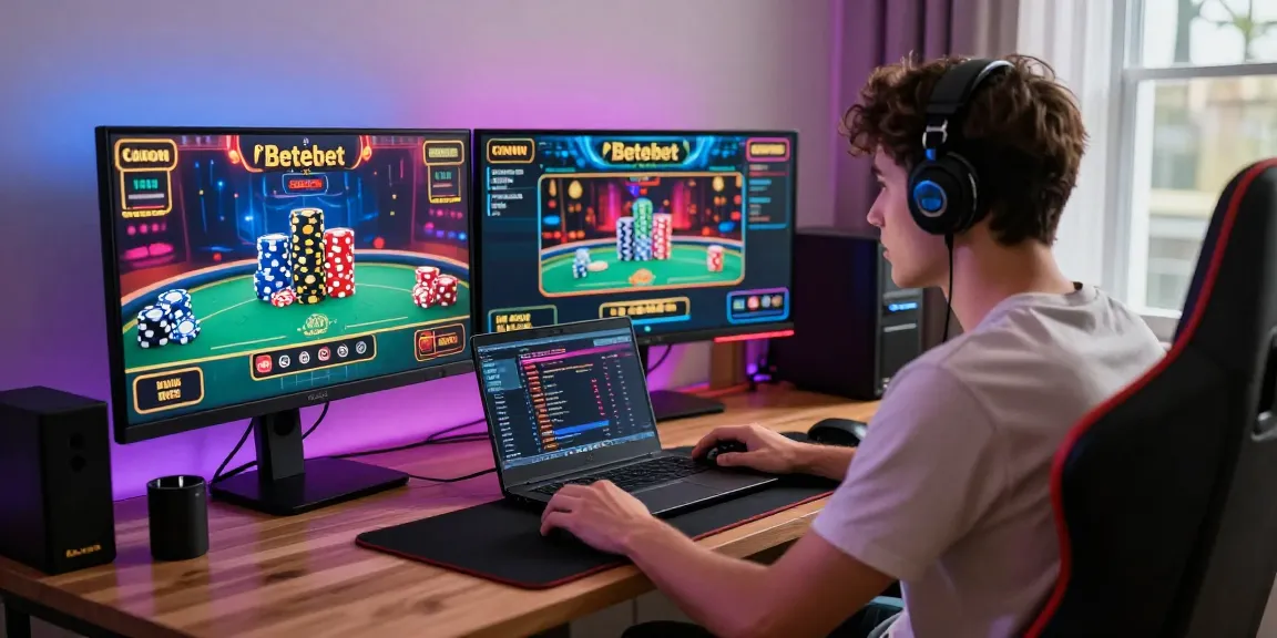 Online gaming enthusiast enjoying Betebet experience with casino graphics.
