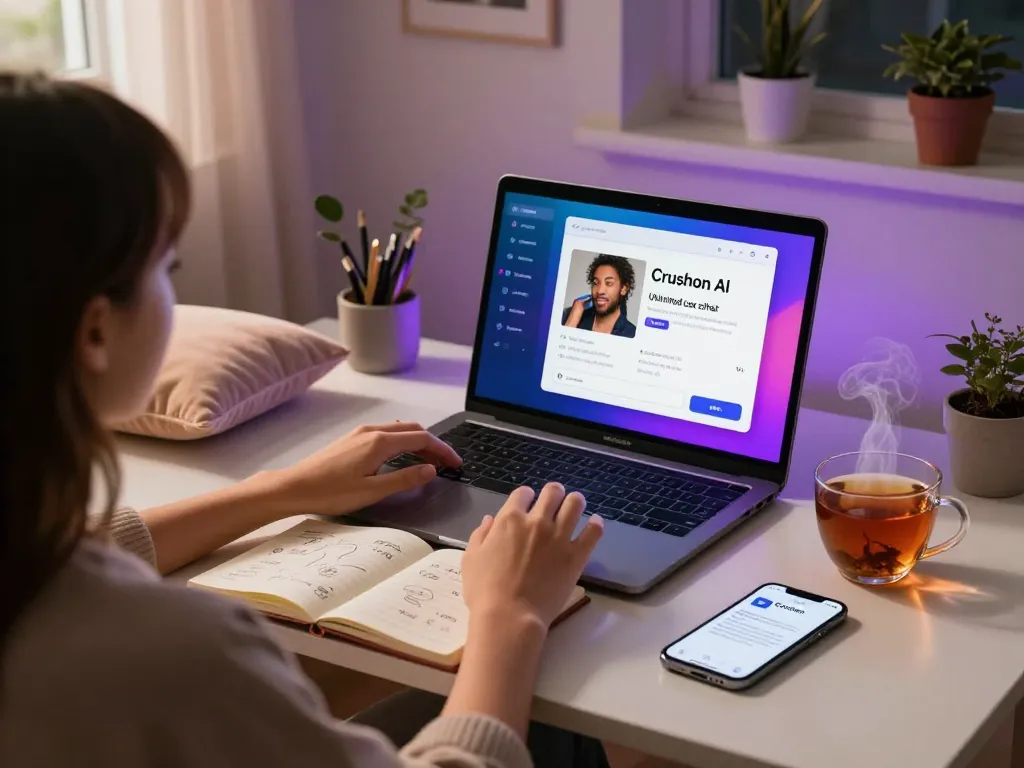 Interactive Crushon AI sex chat AI setup at home with laptop and tea