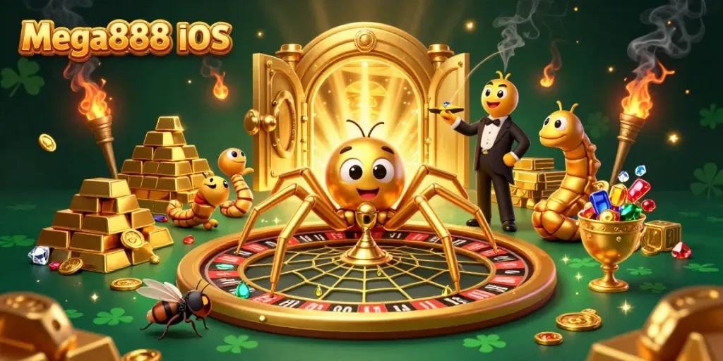 Spin the reels on Mega888 iOS with thrilling casino-themed characters in a vibrant scene.