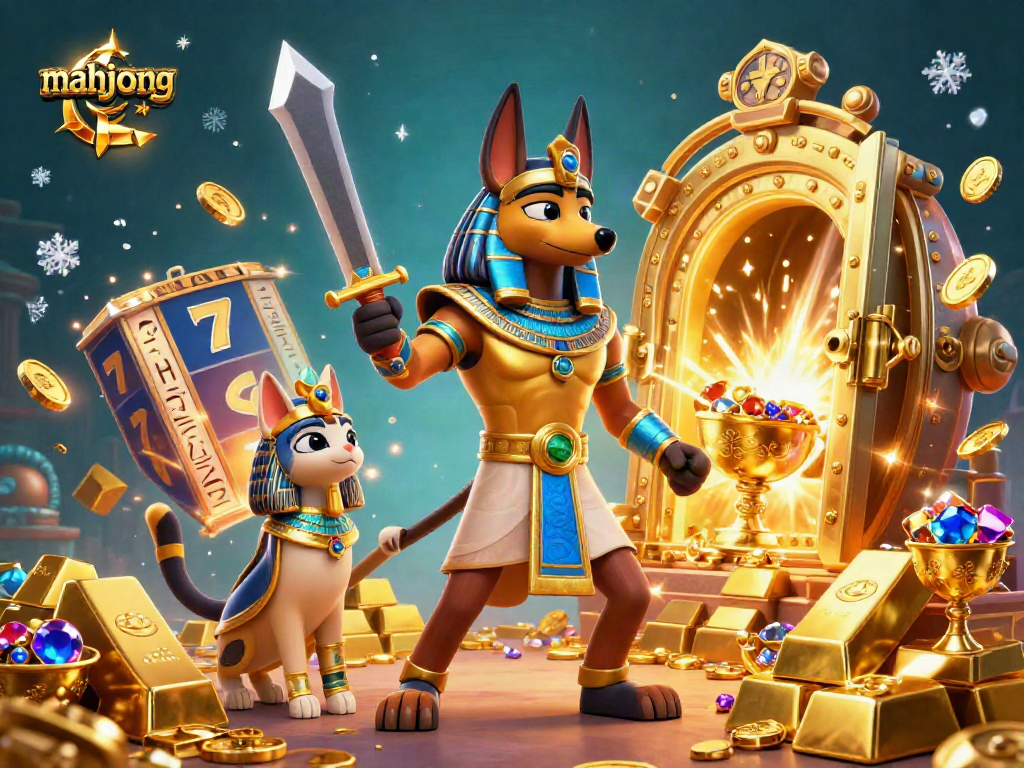 Menangkan jackpot dalam permainan mahjong dengan karakter Anubis dan Bastet, dikelilingi koin emas.