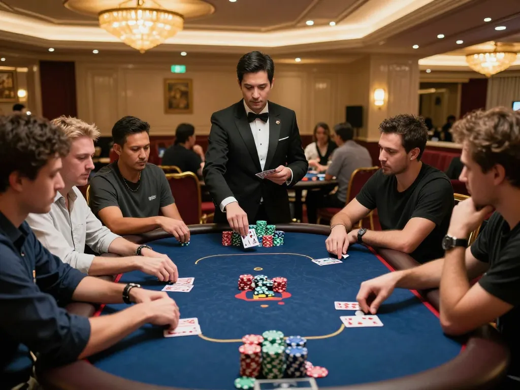 NET88 players enjoying an exhilarating poker game at an upscale casino table filled with chips and cards.
