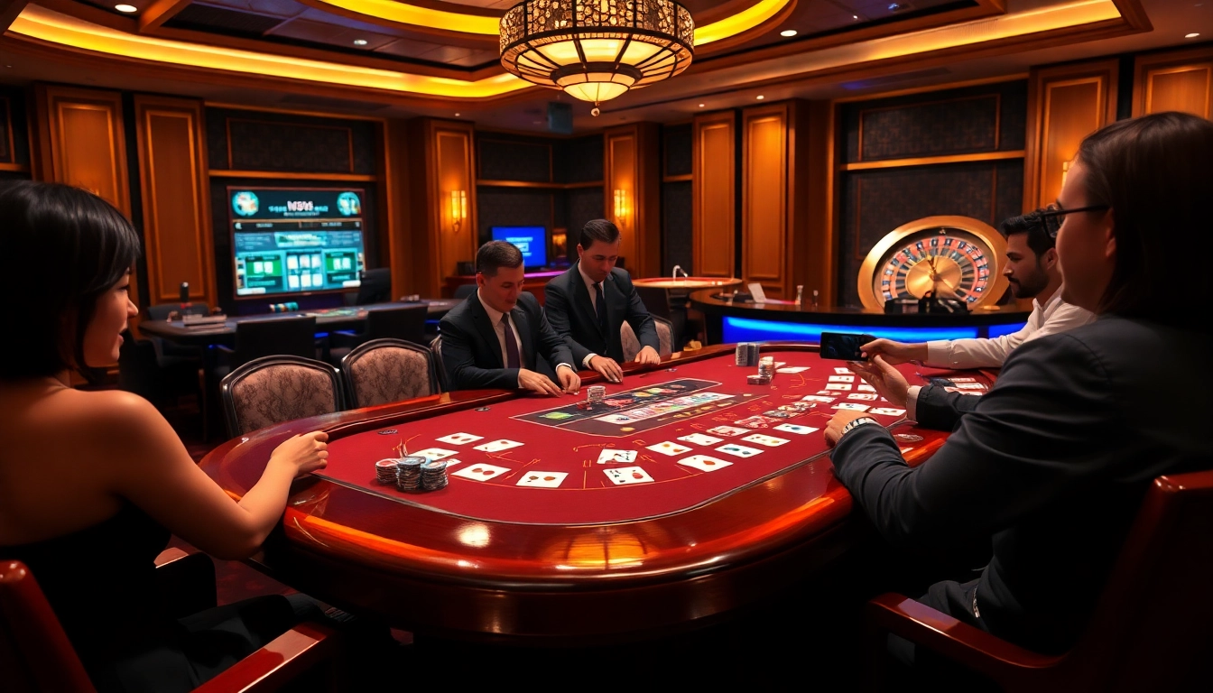 Engaged players at a luxurious blackjack table with vibrant chips, showcasing excitement from https://nh8833.com/.