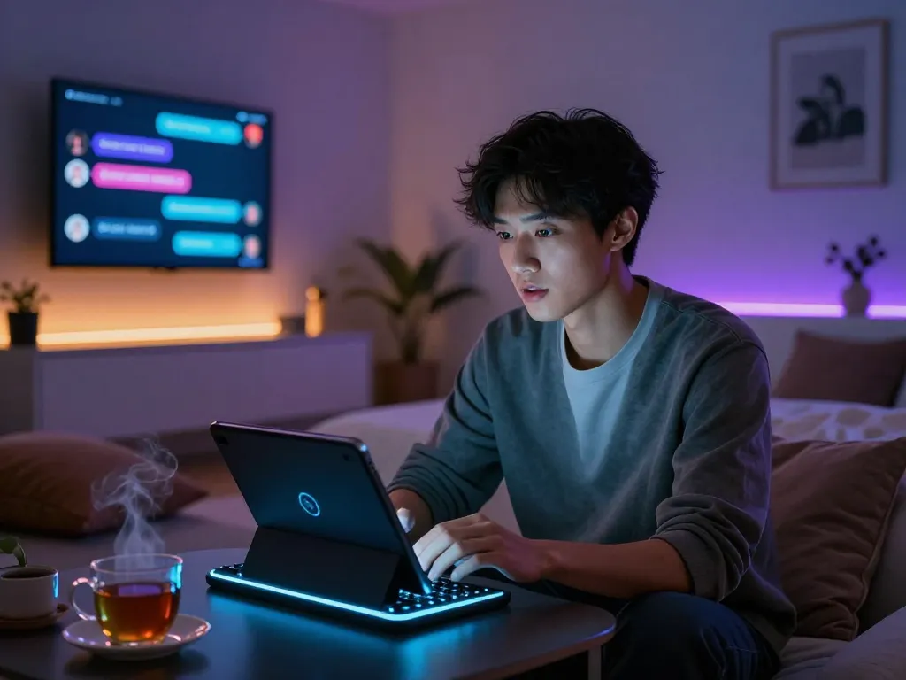Engaged user enjoying sex chat AI on a sleek tablet in a cozy, tech-savvy environment.