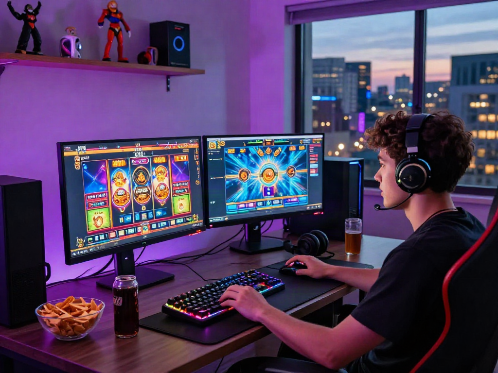 A player enjoying toto slot games at a stylish gaming setup with colorful screens and ambient lighting.