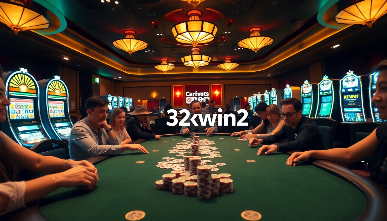 High-stakes poker action at a luxurious casino table featuring 32win2 betting elements.