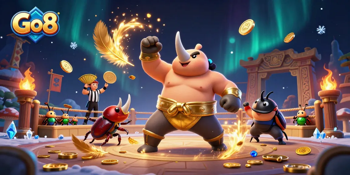 Go8 reveals thrilling casino action with the rhinoceros beetle champion amidst flying coins.