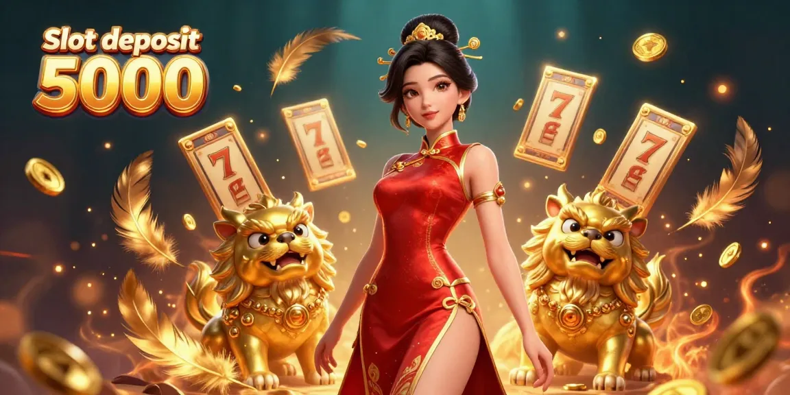 Spin to win with Slot deposit 5000, featuring a glamorous woman amidst golden foo dogs.