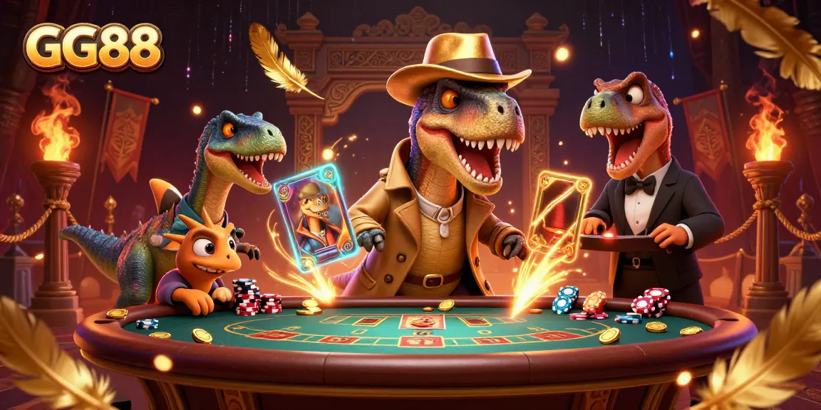 Experience thrilling blackjack action at GG88 with a velociraptor card counter and playful atmosphere.