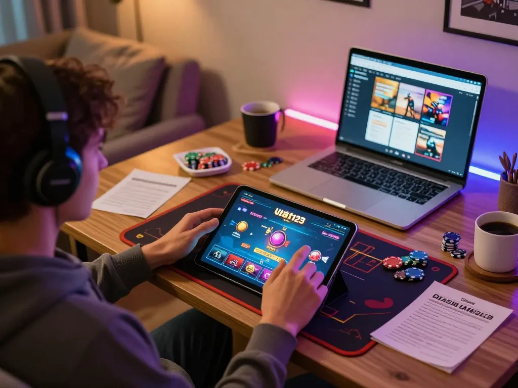 Permainan menarik di aplikasi Ulat123 yang menampilkan antarmuka tablet yang dinamis dengan opsi poker