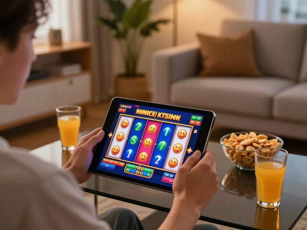 Playing slot online at home with tablet, showing colorful digital interface and cozy living room setup.